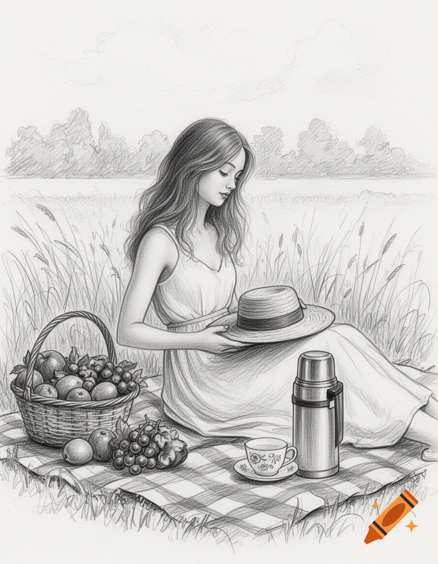 Pencil sketch of a young woman sitting on a picnic blanket in a field, holding a straw hat, with a basket of fruit and a thermos beside her.