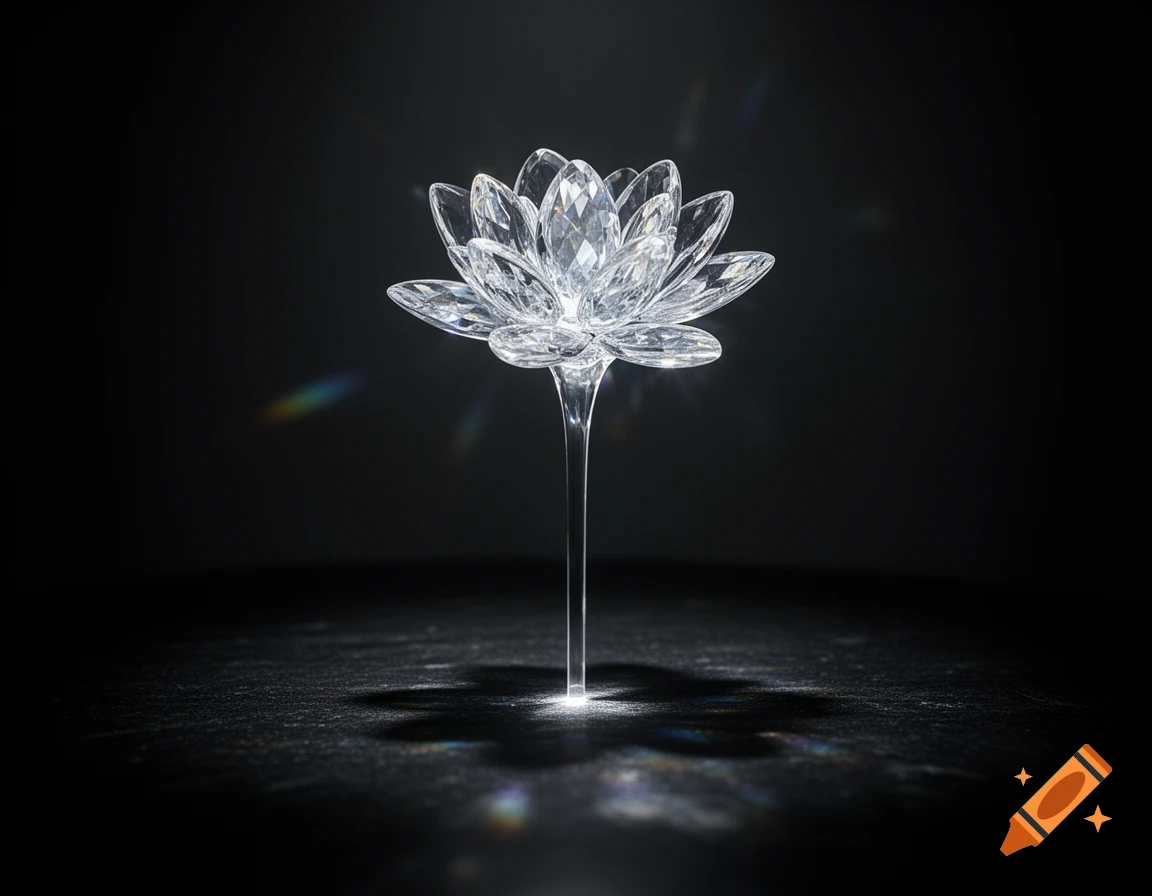 A luminous crystal lotus flower on a dark textured surface, with light reflections and subtle rainbow flares.