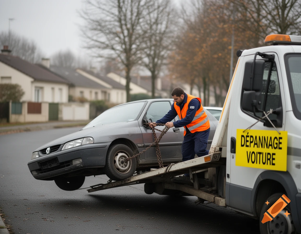 A man in a high-visibility vest loads a grey car onto a white tow truck on a residential street.