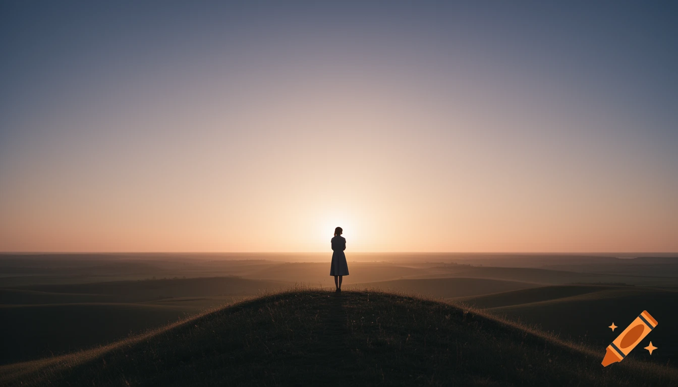 A lone person stands silhouetted on a hilltop, gazing at a wide, open horizon under a serene sunrise with warm light.