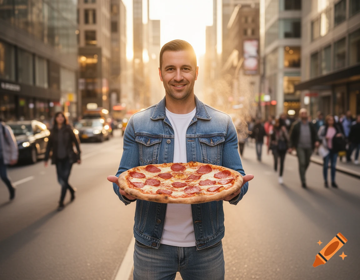 A man in a denim jacket smiles while holding a whole pepperoni pizza in a busy city street at sunset.