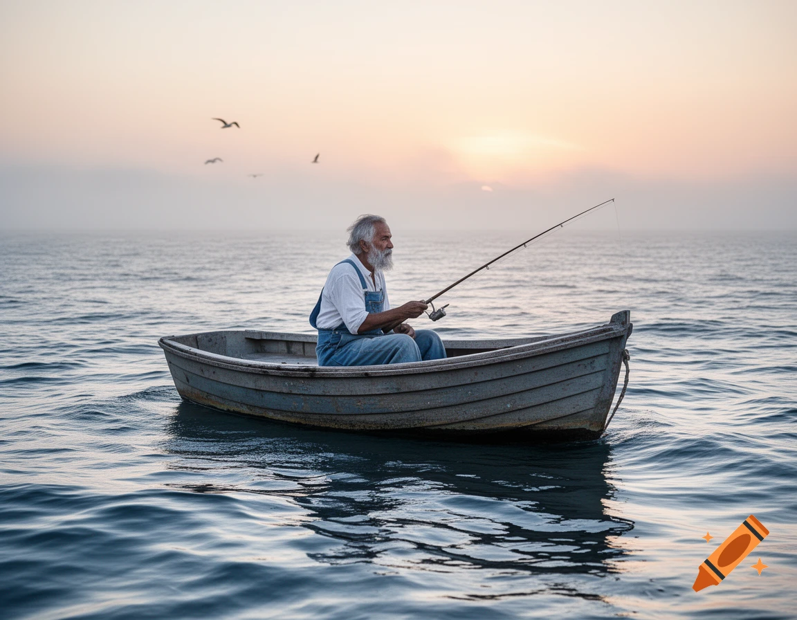 An old man with a beard sits in a boat, fishing on the calm ocean at sunrise.