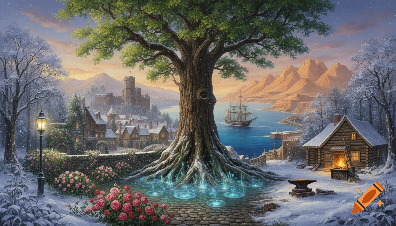 A panoramic fantasy landscape painting showing a giant oak tree with glowing roots at the center. Winter snow, spring roses, a medieval village with a castle, a sailing ship on a blue harbor, and desert mountains merge under a sky shifting from dawn to twilight.