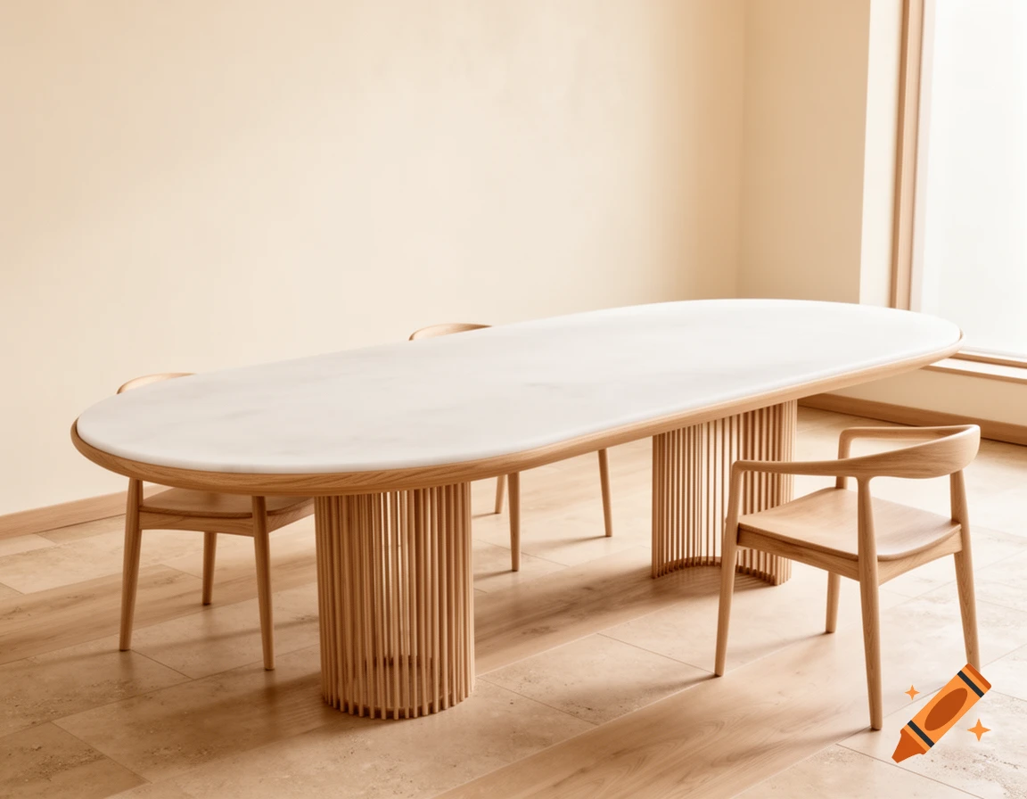 Photorealistic image of a minimalist dining room with an oval white table with slatted wooden bases and wooden chairs.