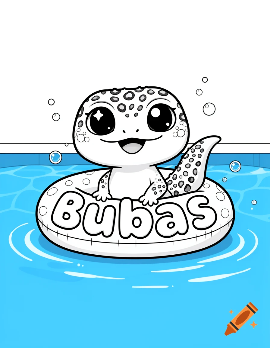 Chibi leopard gecko in a pool floatie with 'Bubas' on it, in a black-and-white coloring page style.