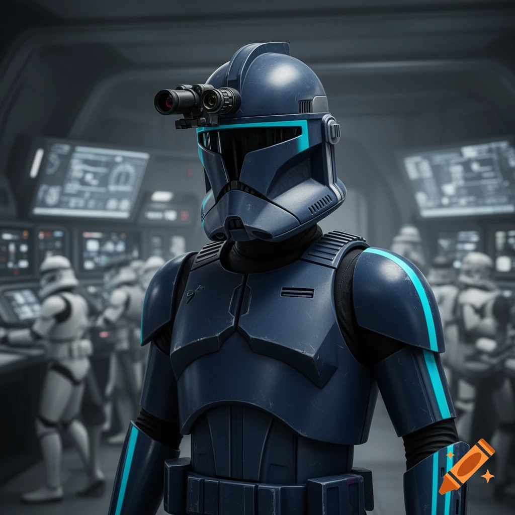 A dark blue clone trooper with cyan highlights and a helmet-mounted rangefinder stands in a futuristic control room.