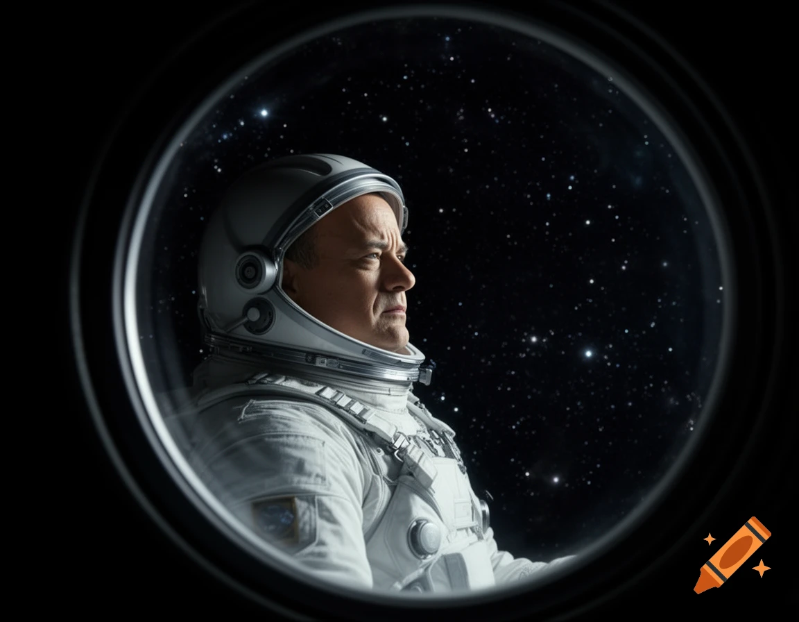 A man resembling Tom Hanks in an astronaut suit looks contemplatively out a spacecraft window at a starfield.