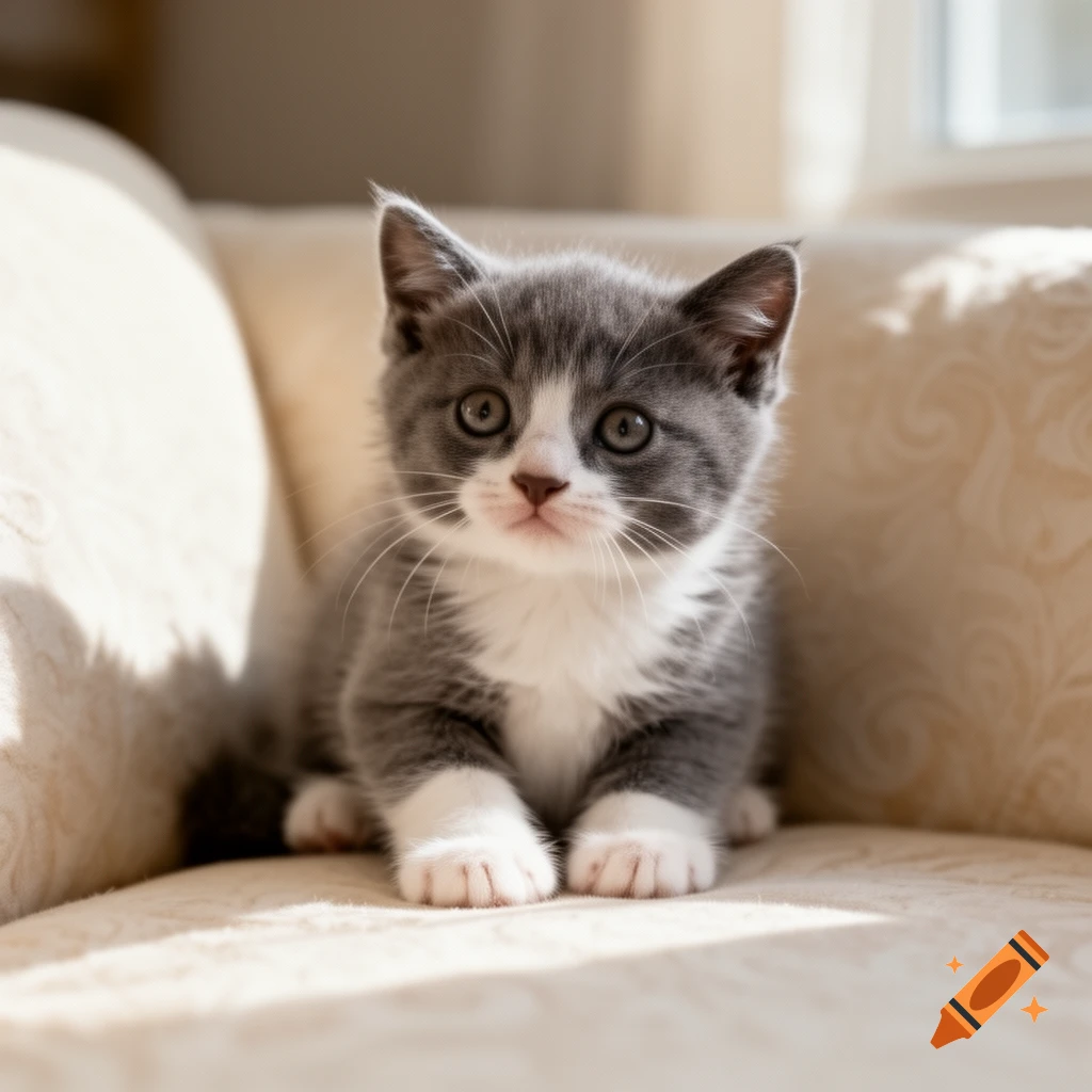 A fluffy grey and white kitten with big eyes sits on a cream-colored couch, lit by sunlight.