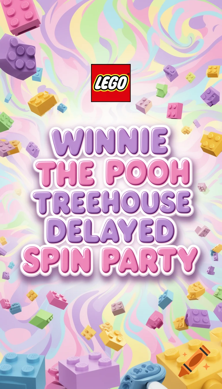 A vibrant Lego-themed advert featuring colorful bricks on a pastel swirl background, with the LEGO logo and 'WINNIE THE POOH TREEHOUSE DELAYED SPIN PARTY' in bubble letters.