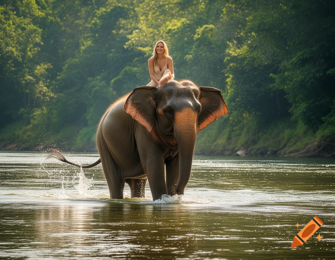 A woman rides an elephant in a sunlit river surrounded by lush green jungle, splashing water with its tail.