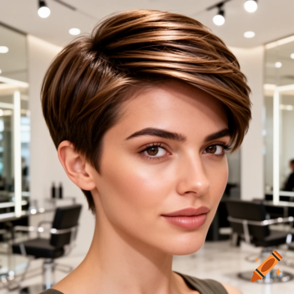 A photorealistic portrait of a woman with a chic, short brown layered haircut, looking at the camera in a salon setting.