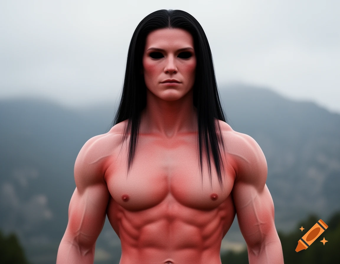 A very muscular humanoid with light red skin, long black hair, and all-black eyes stands outdoors against a blurry mountain background.