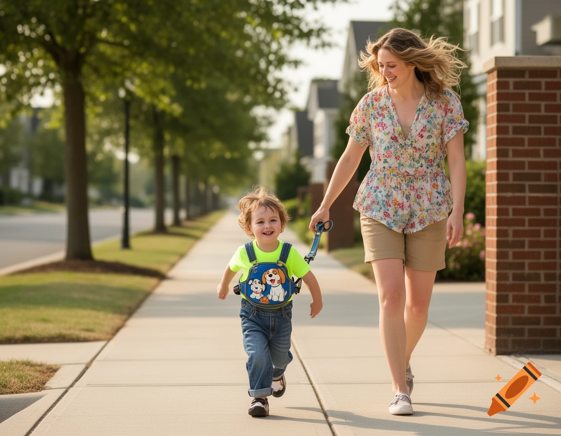 A mother walks with her smiling child on a safety harness down a tree-lined sidewalk on a sunny day.