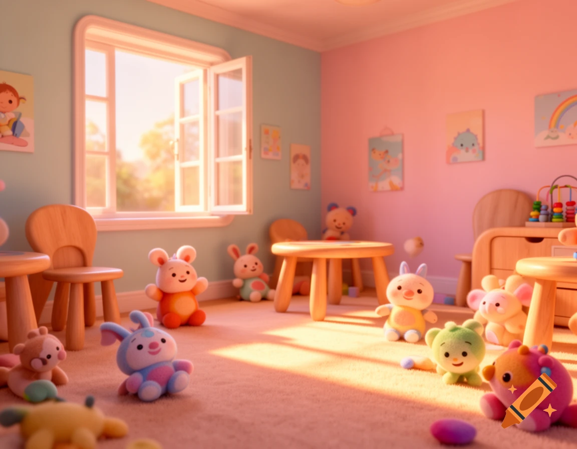 A brightly lit children's playroom in Pixar animation style, with pastel walls, wooden furniture, and many plush toys on the carpet, lit by warm sunlight.