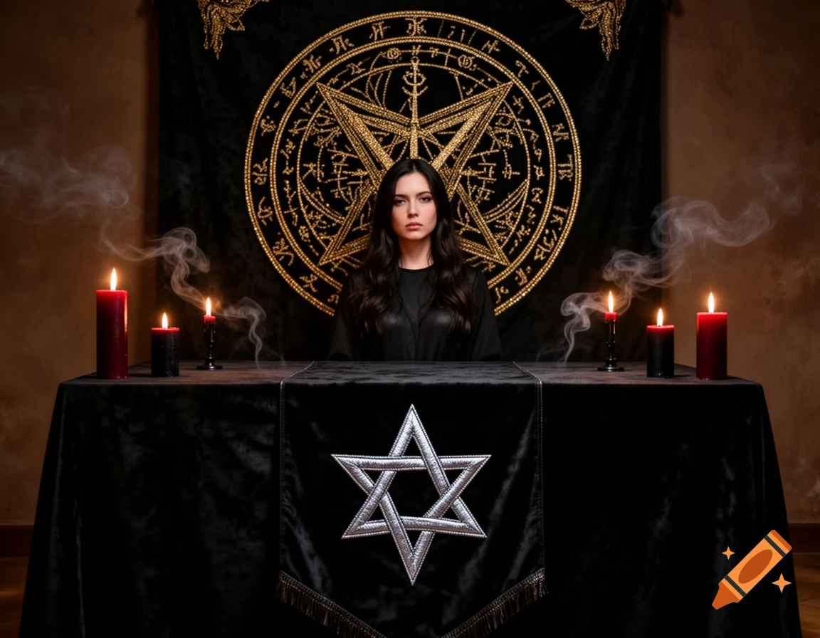 A woman sits behind an altar with red and black candles and smoke, with a large golden Sigil of Lucifer on a black tapestry behind her and an inverted pentagram on the altar cloth.