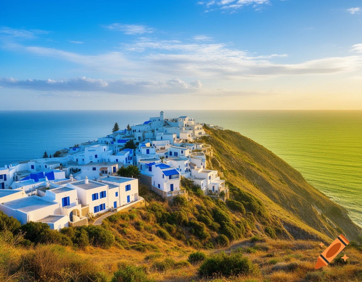 A vibrant coastal village with white and blue buildings on a green hill overlooks a colorful sea and sky at sunrise.