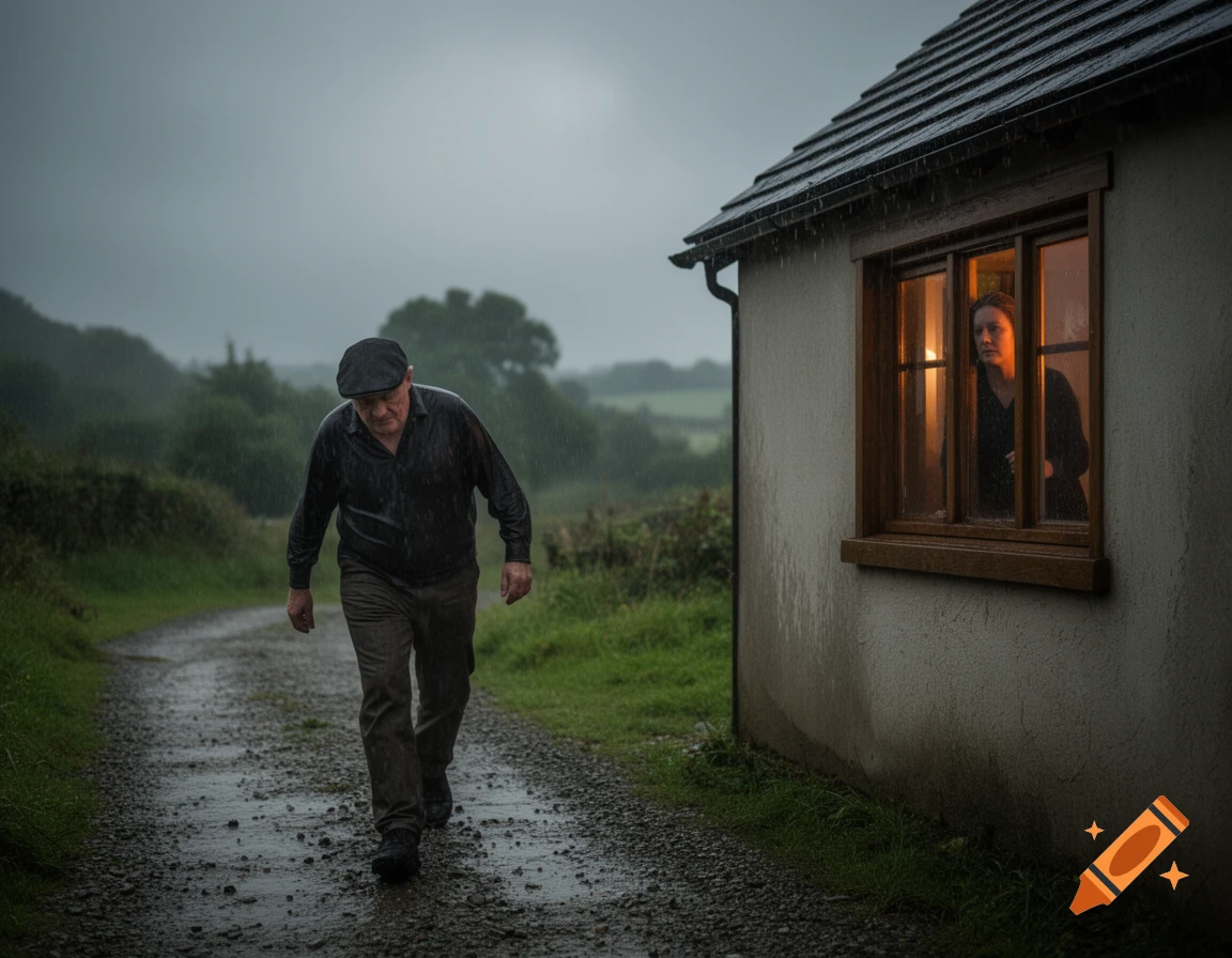 Photorealistic scene of an older man walking on a rainy gravel path as a woman watches him from a house window.