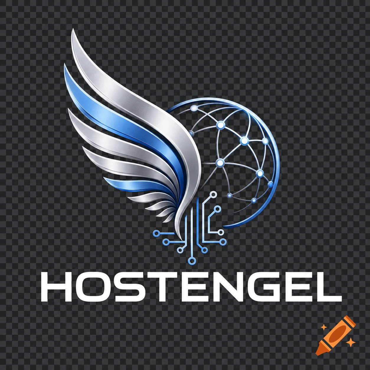 A professional logo with a metallic silver and blue wing, a network globe, and circuit lines, with the word HOSTENGEL below.