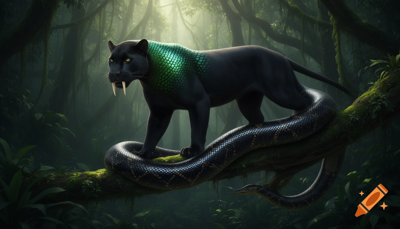 A photorealistic black panther-boa hybrid creature with green scales and fangs, coiled on a mossy tree branch in a dense, sunlit jungle.