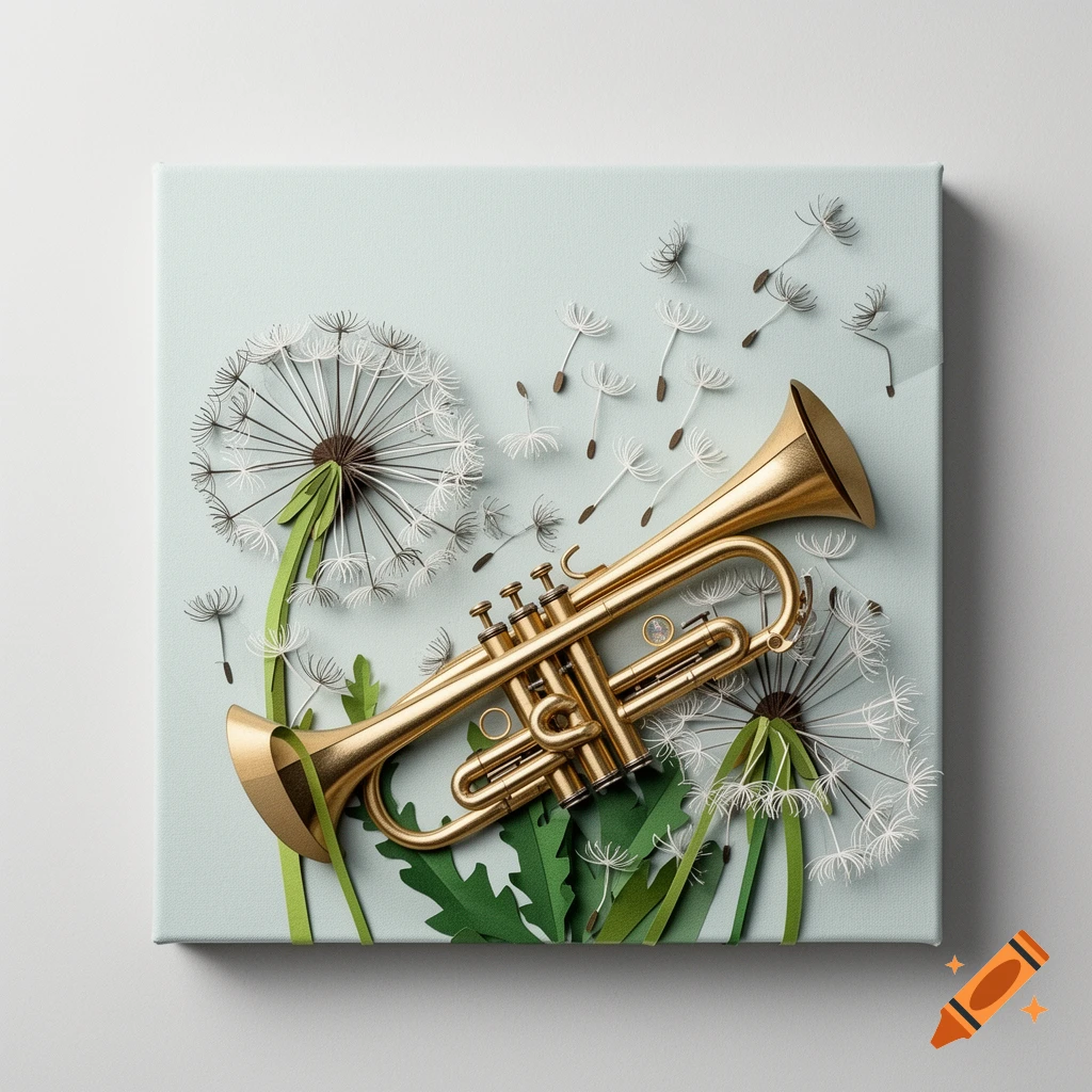 A golden trumpet and paper dandelions with seeds blowing, rendered in a collage style on a light blue canvas.