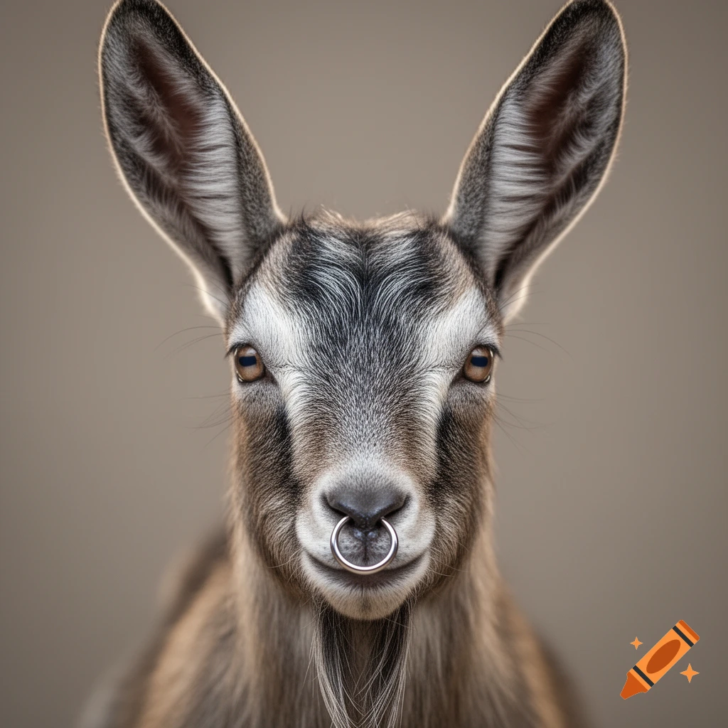 Close-up, front-facing portrait of a goat with a silver nose ring and large ears, against a soft, muted background.