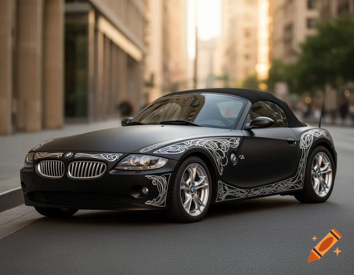 Matte black BMW Z4 convertible with silver Art Nouveau decor parked on a city street.