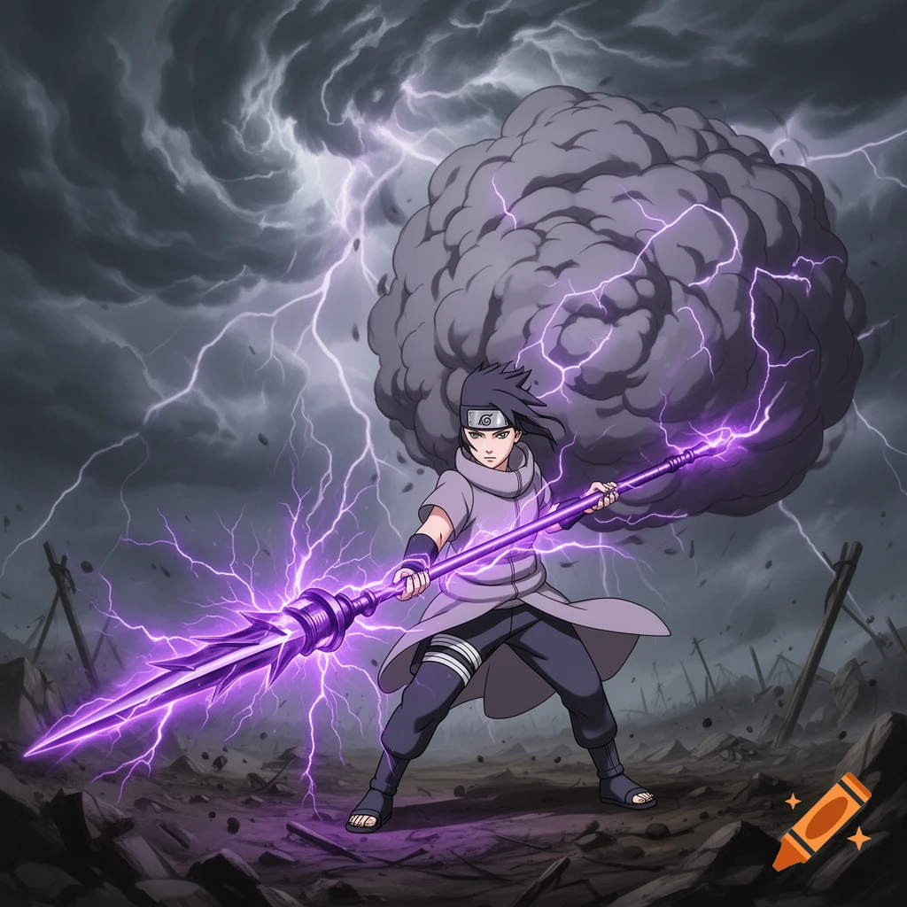 An anime character resembling Sasuke from Naruto stands in a desolate landscape under stormy skies, wielding a glowing purple lightning spear with a large storm cloud behind him.