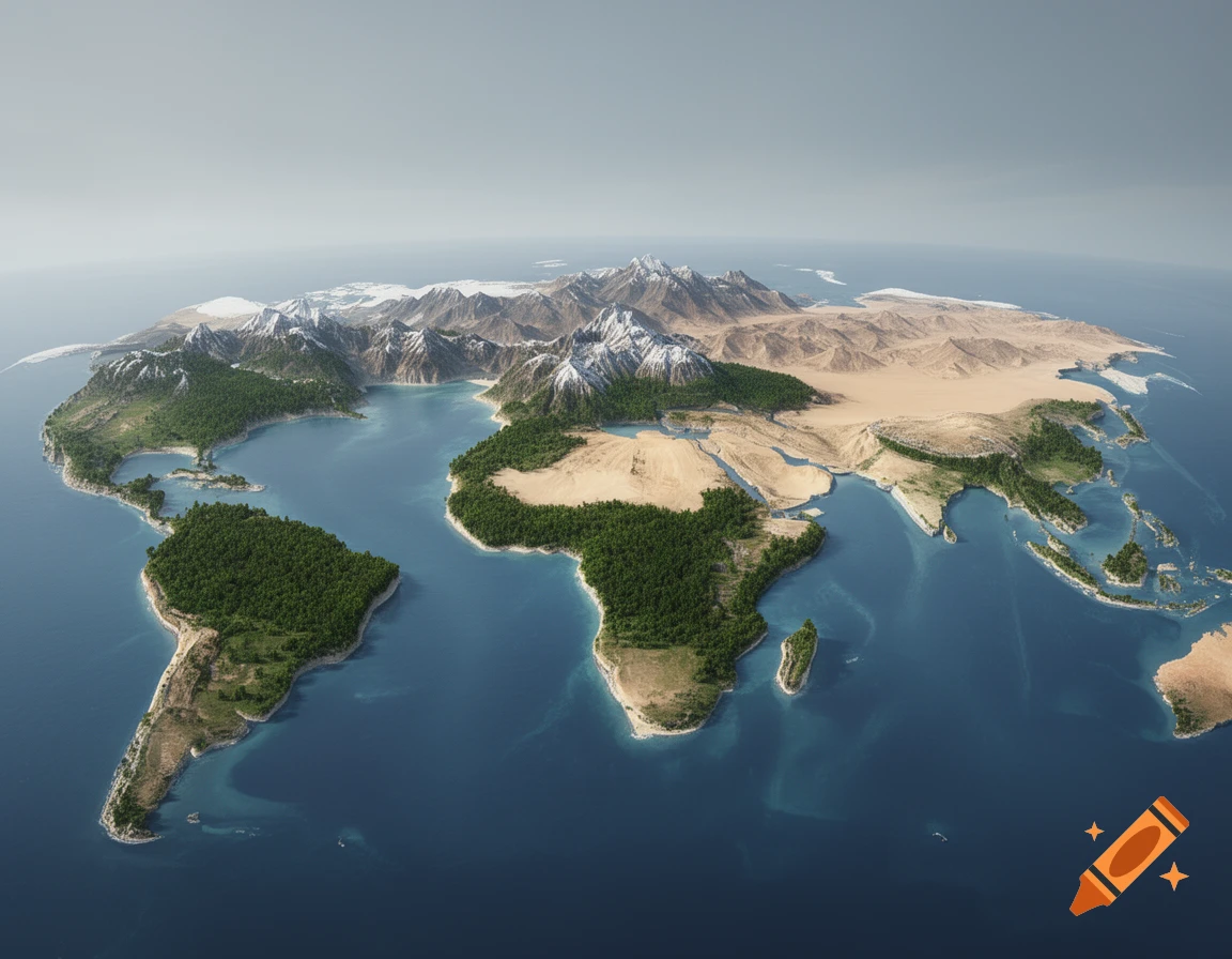 An aerial view of a speculative world map showing continents shifted and deformed in 200 million years, with diverse terrain.