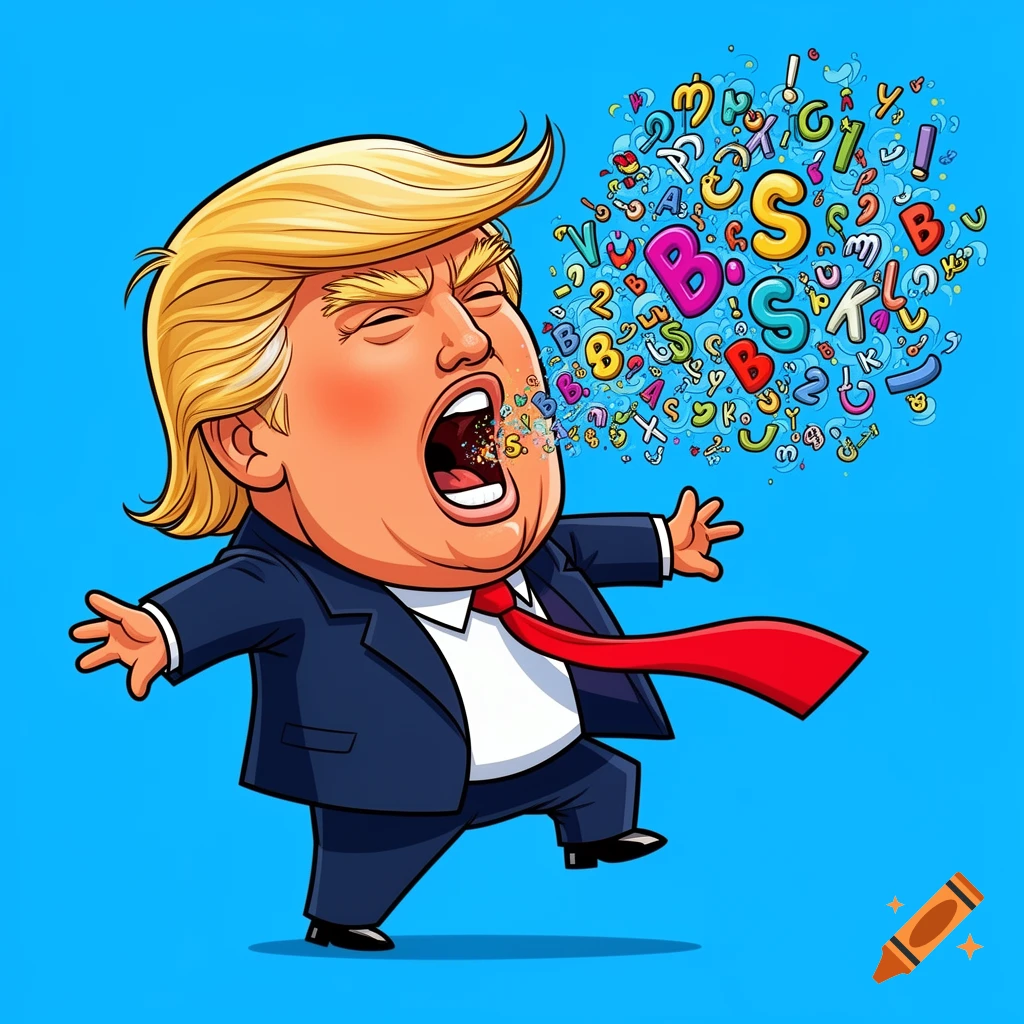 Cartoon caricature of Donald Trump shouting, with colorful letters and symbols, including 'B' and 'S', erupting from his mouth against a blue background.