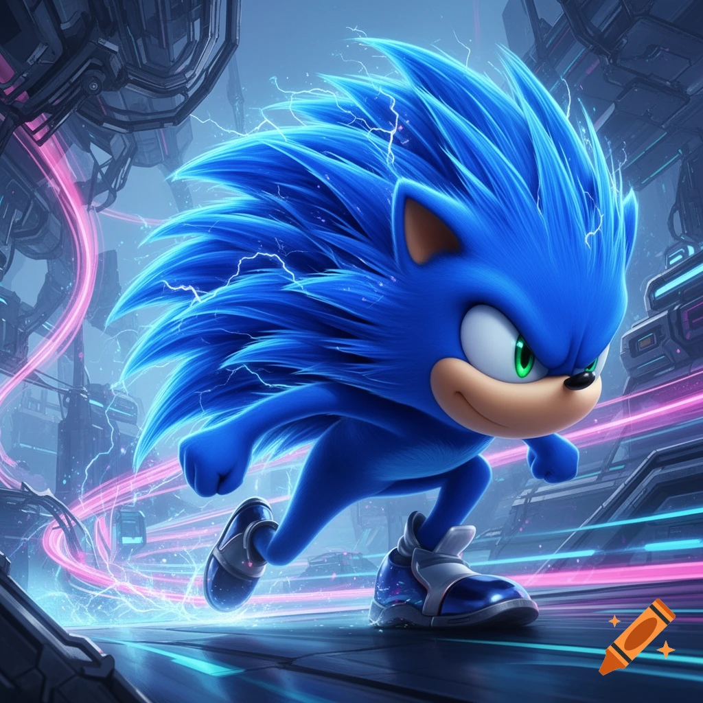 A blue hedgehog character, Sonic, runs at super speed in a futuristic, neon-lit environment, leaving blue and pink trails.