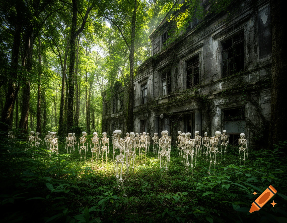 Numerous skeletons stand in a sunlit green forest clearing before a large, dilapidated abandoned building.