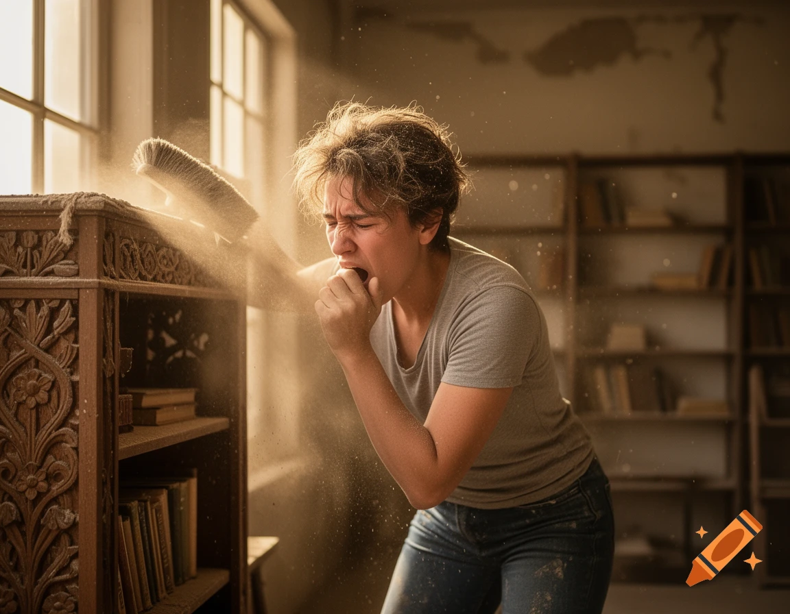 A person with short hair coughs and squints while dusting a wooden cabinet, stirring up a cloud of dust in a sunlit room.