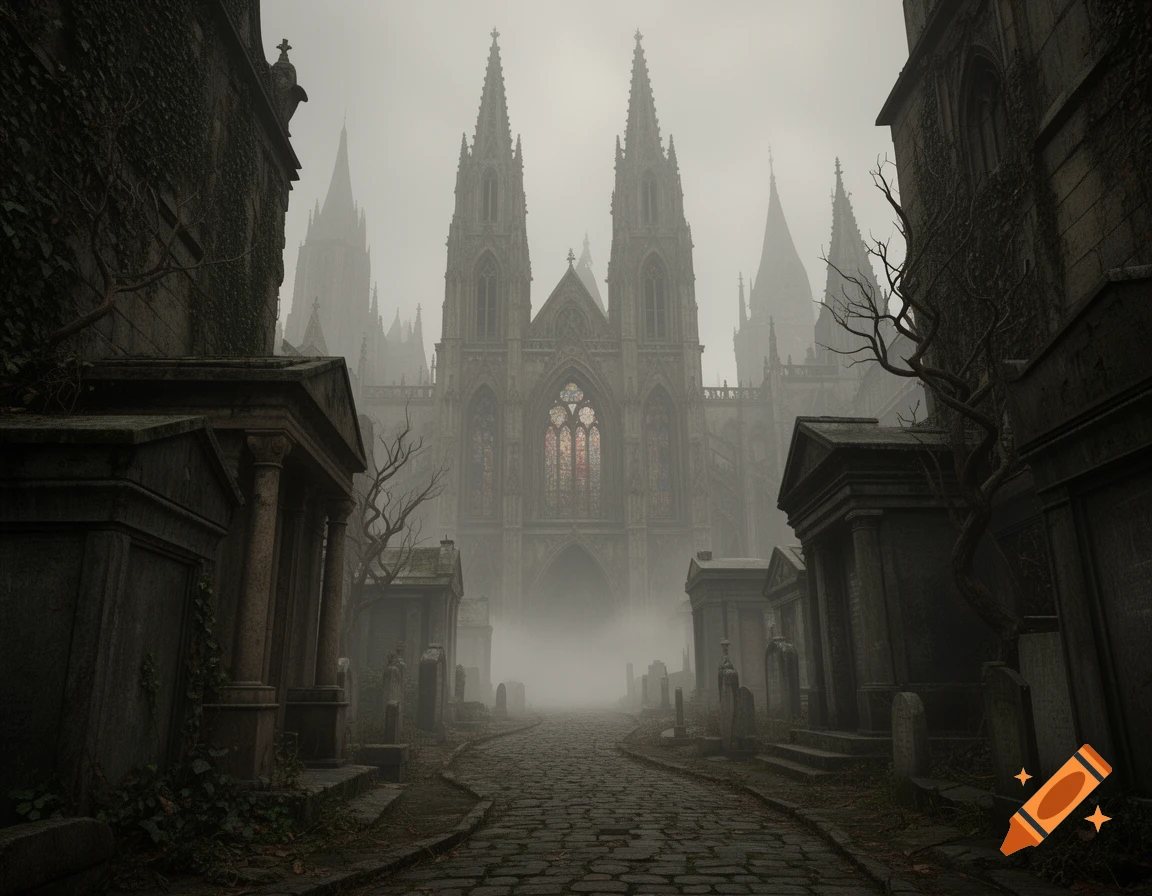 A cobblestone path leads through a foggy, gothic cemetery towards a towering, ornate cathedral with stained glass windows.