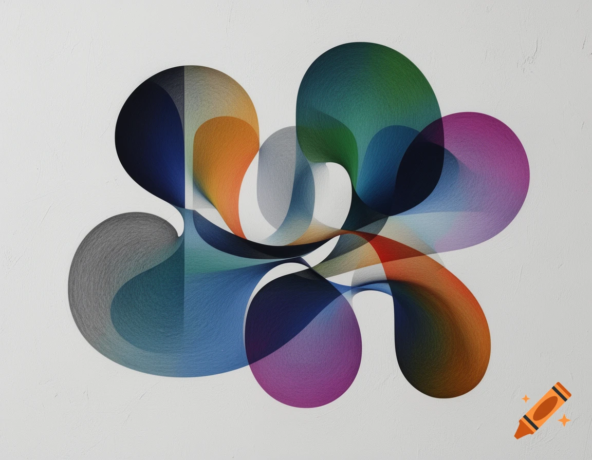 Abstract art featuring overlapping, vibrant, flowing shapes in gradients of blue, green, orange, and purple on a white background.