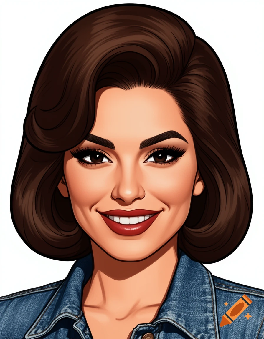Close-up cartoon portrait of a smiling woman with dark brown hair in a 70s blowout, wearing a denim jacket.