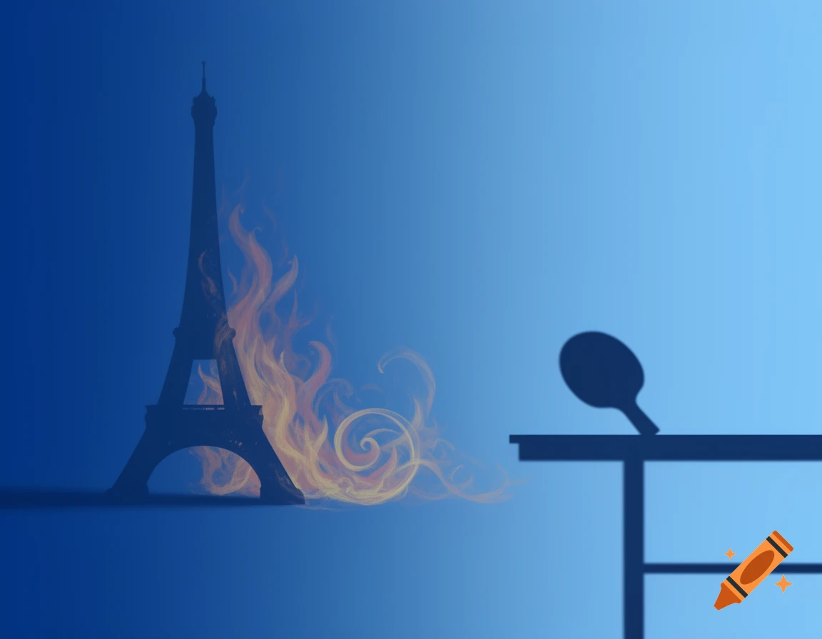 Eiffel Tower silhouette wreathed in orange-yellow flames, next to a ping-pong table and paddle silhouette on a blue gradient.