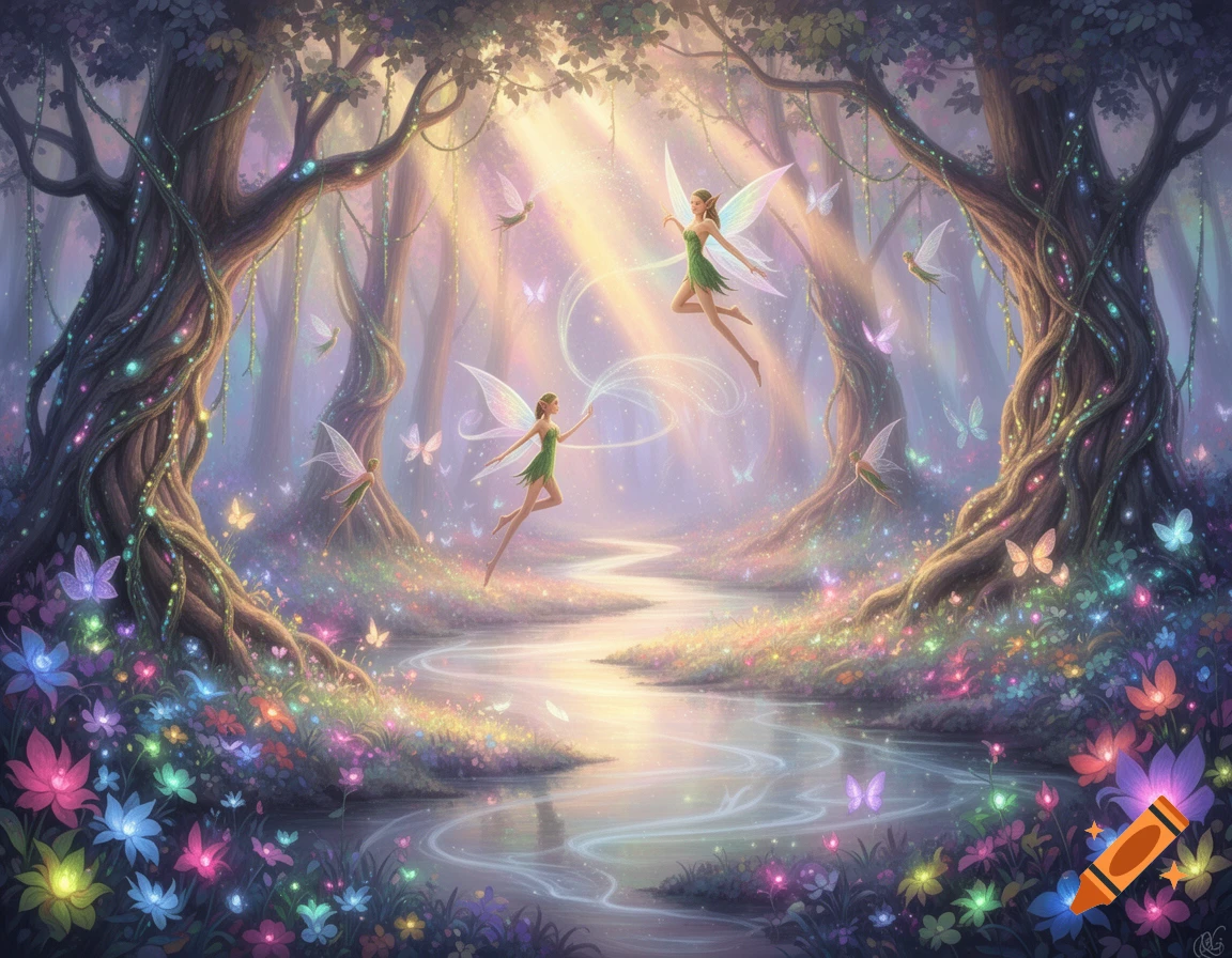 A magical fairytale forest with a glowing river, colorful flowers, and elegant fairies flying among the trees, bathed in sunlight.