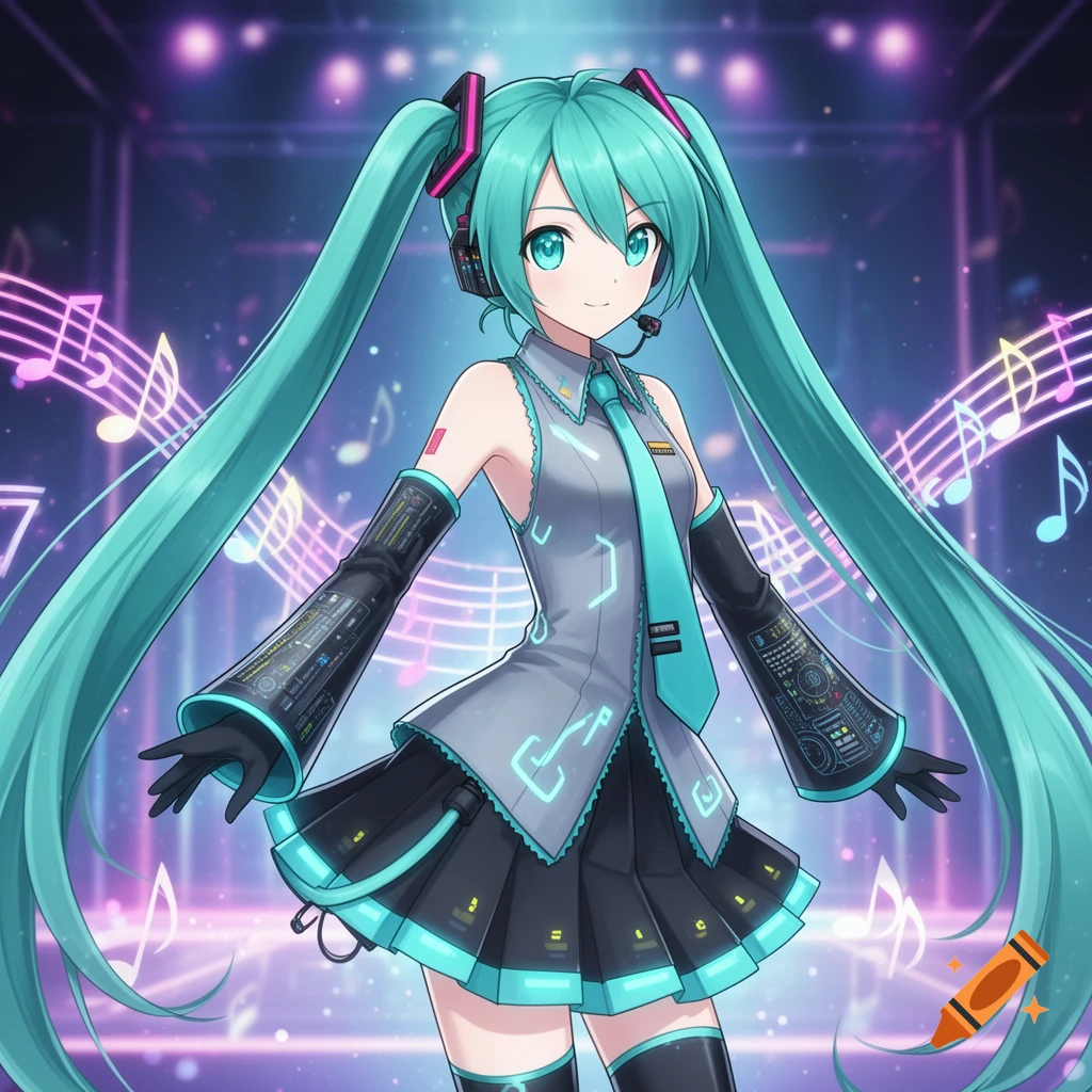 An anime girl with long turquoise pigtails, wearing a gray and black outfit with teal accents, stands on a stage with glowing musical notes.