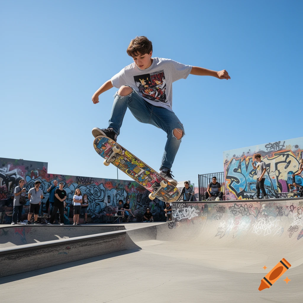 A young man in ripped jeans and a t-shirt performs an aerial trick on a skateboard in a sunny outdoor skatepark with graffiti-covered walls.