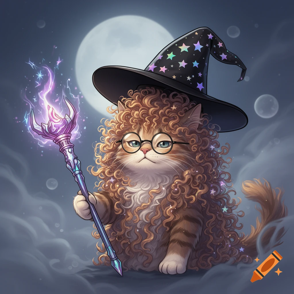 A cute, curly-haired tabby cat wearing round glasses and a starry wizard hat holds a glowing magic staff under a full moon.