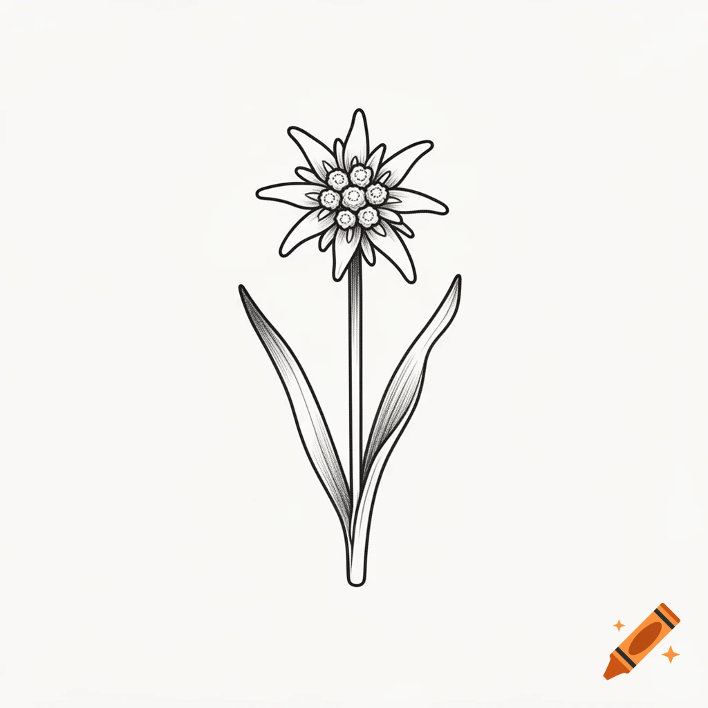 A simple black and white line drawing of an edelweiss flower with two leaves on its stem.