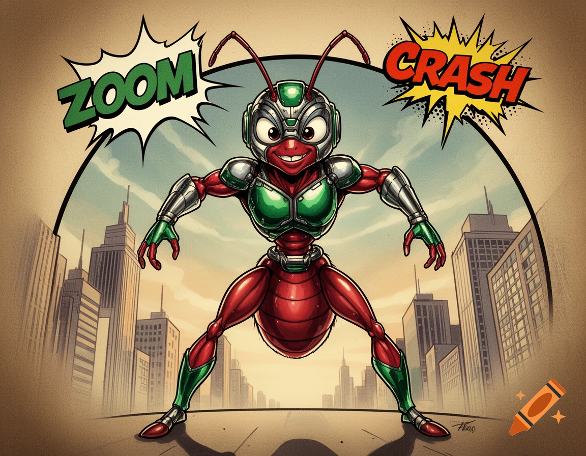 A cartoon anthropomorphic ant superhero in red and green armor, stands in a city, with comic speech bubbles 'ZOOM' and 'CRASH'.