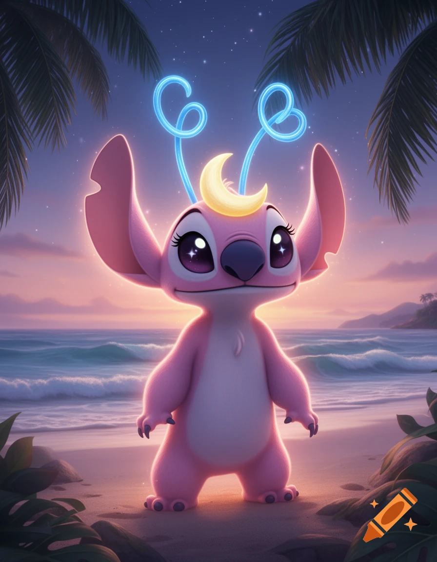 Pink alien character, Angel, with glowing blue antennae and a yellow crescent on her head, stands on a sandy beach at sunset.