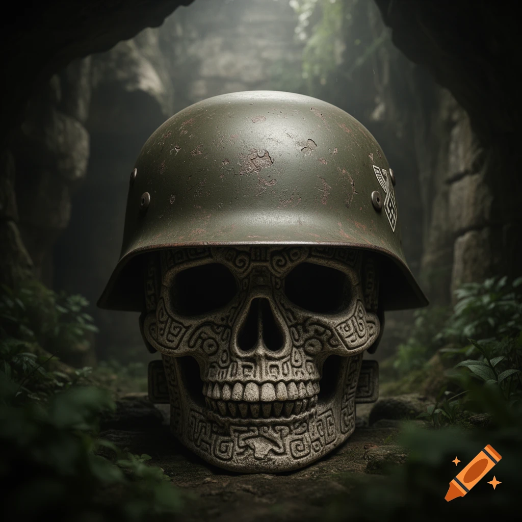 An Aztec-style stone skull wearing a weathered World War II German helmet, positioned in a dimly lit, overgrown jungle ruin.