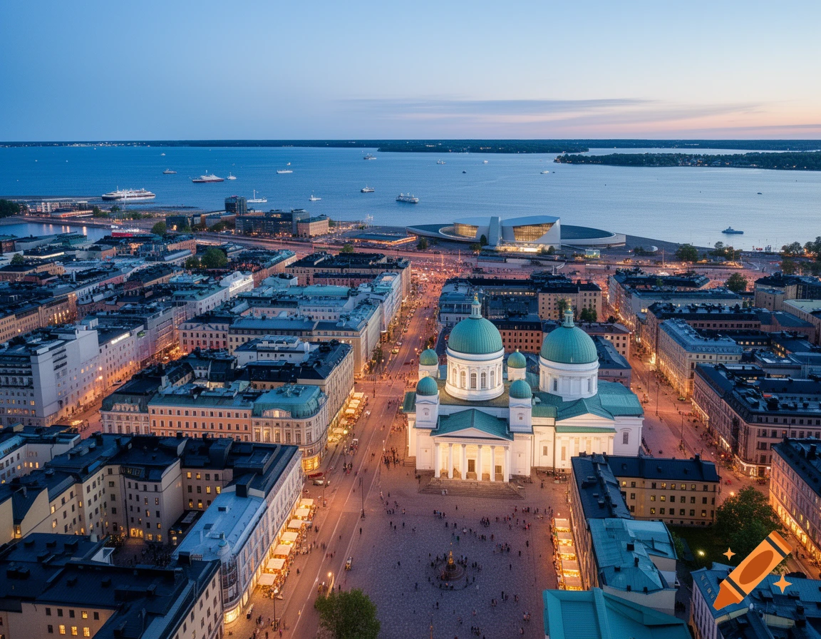 Aerial view of Helsinki at dusk, showing the illuminated white cathedral with green domes, surrounding city, and a calm harbor with boats.