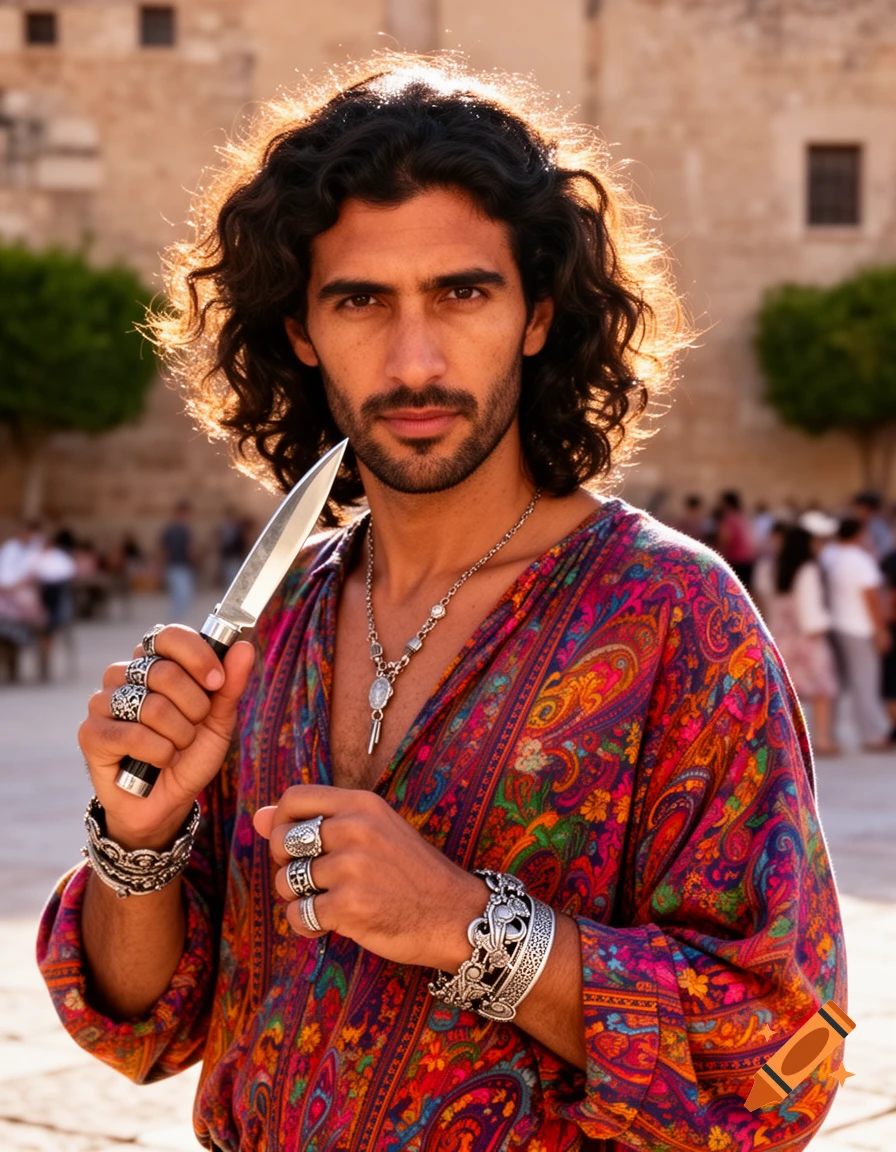 A man with dark curly hair and a beard, in a colorful paisley shirt and silver jewelry, holds a knife, looking directly forward.