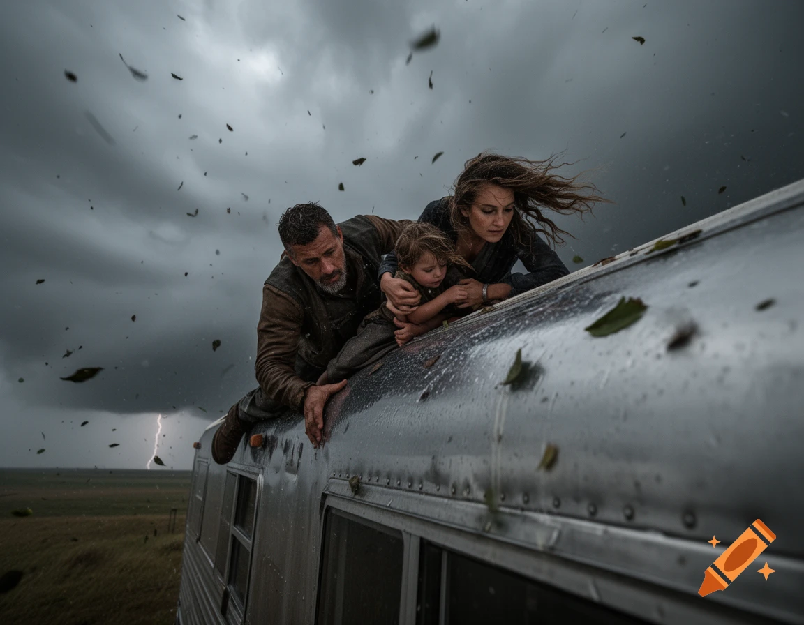 Man, woman, and child clinging to a trailer roof during a severe wind storm with lightning in the background, photorealistic.