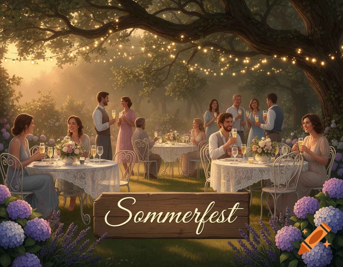Adults socializing at a garden party under a tree adorned with string lights, with tables set with flowers and drinks. A sign reads "Sommerfest".