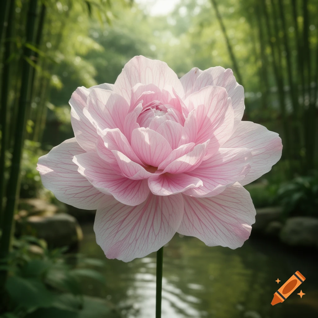 A soft pink Qinxin flower with delicate petals stands tall in a lush, verdant bamboo garden with a stream.