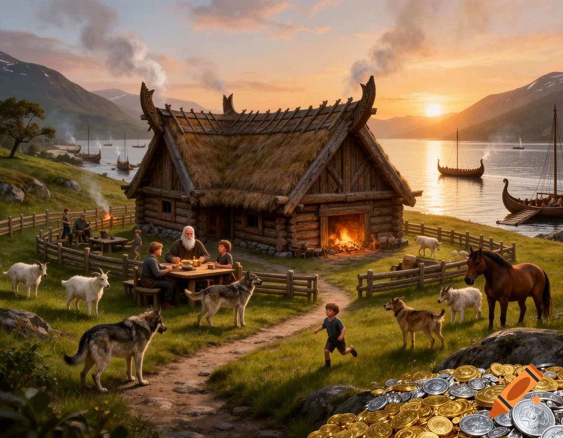 A photorealistic image of a Viking family by a log cabin and lake at sunset, surrounded by animals and treasure.